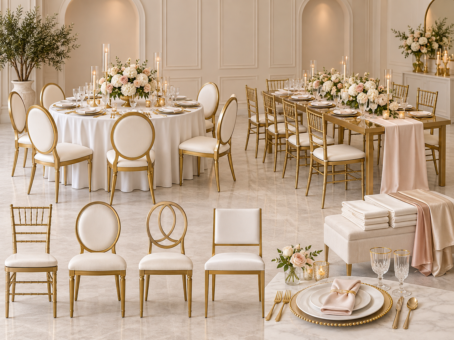 Fine Rise collection of chairs, tables, linens and table settings